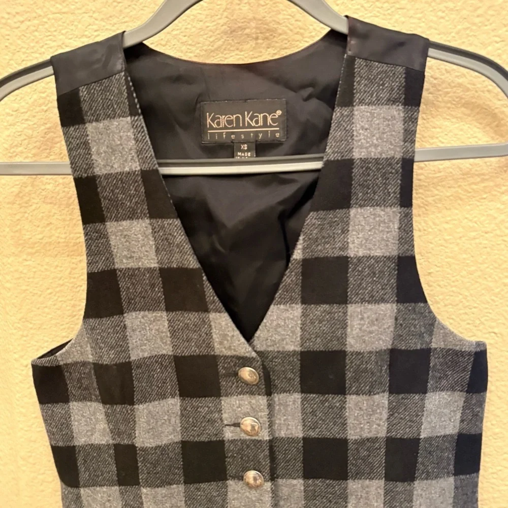 Vintage KAREN KANE Black Gray Wool Blend Silver Button Design Checkered Vest-XS